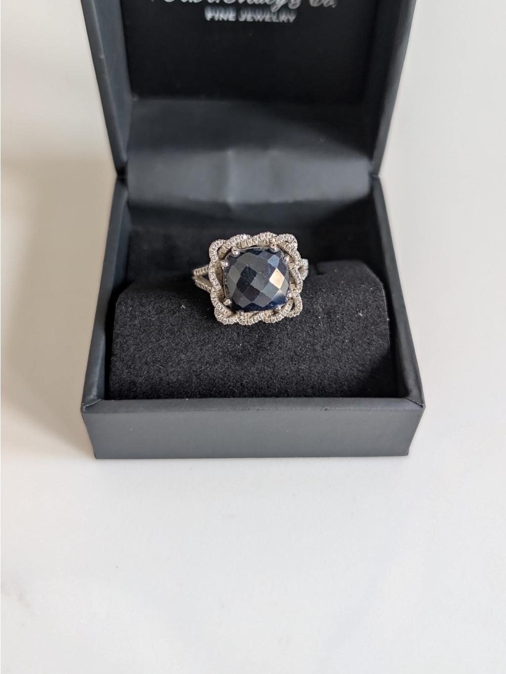Shane Co. 14K white gold band with Black Sapphire & Diamond Halo Ring; Size 6.